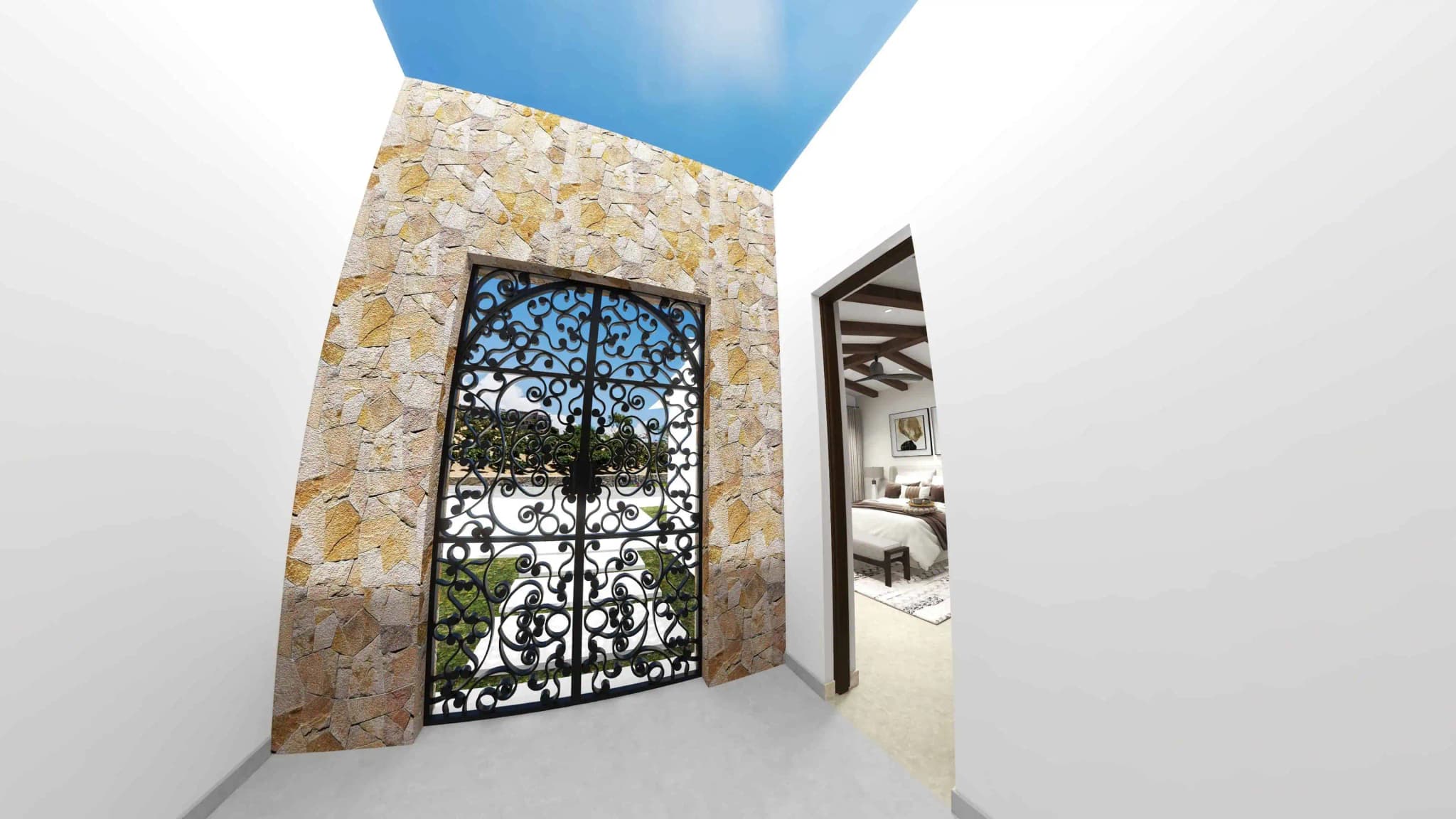 Main entrance with decorative iron gate in the Luna model at Coronado development