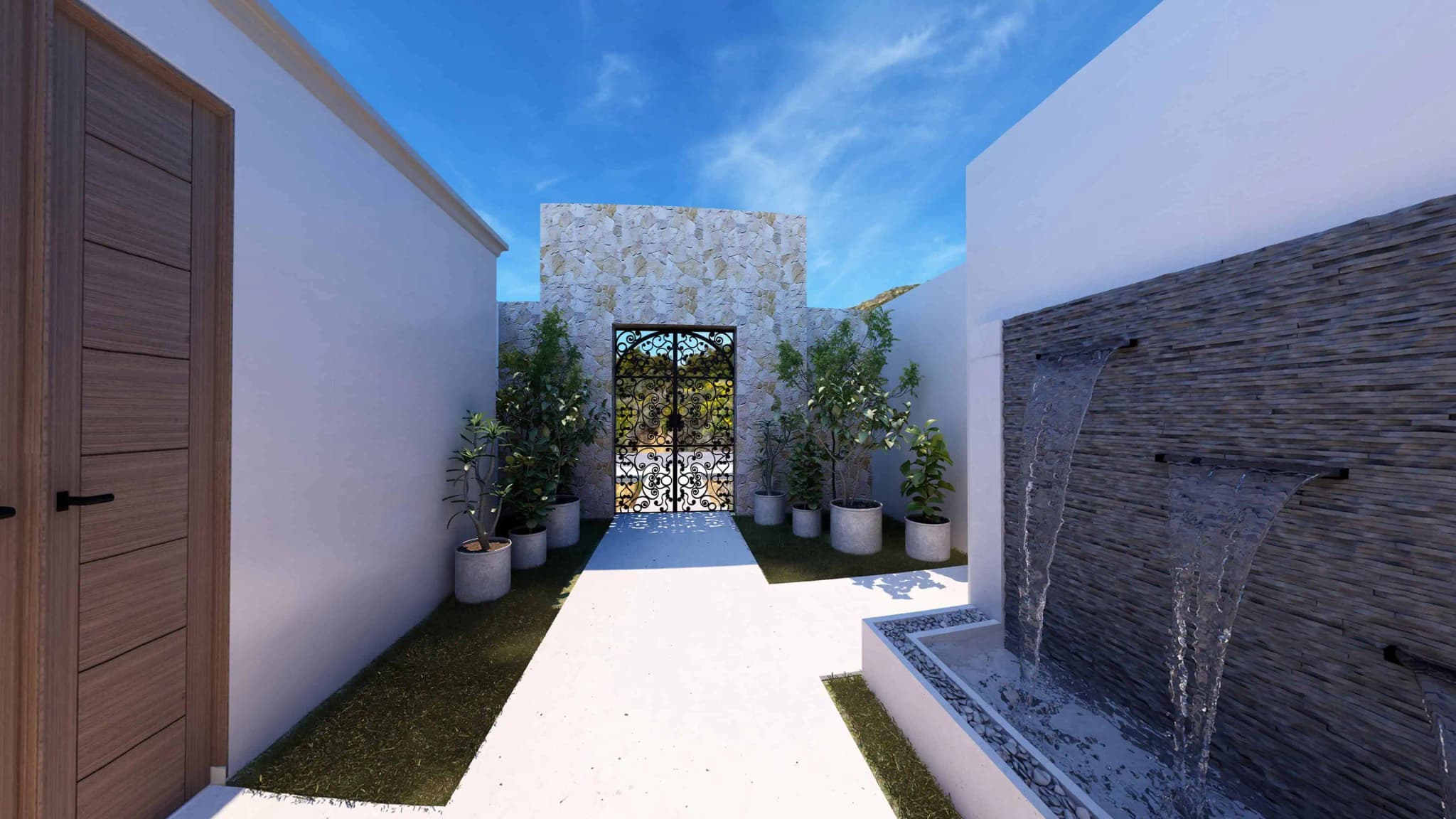 Entrance courtyard of the Alvar model home in Coronado with stone detailing and water features