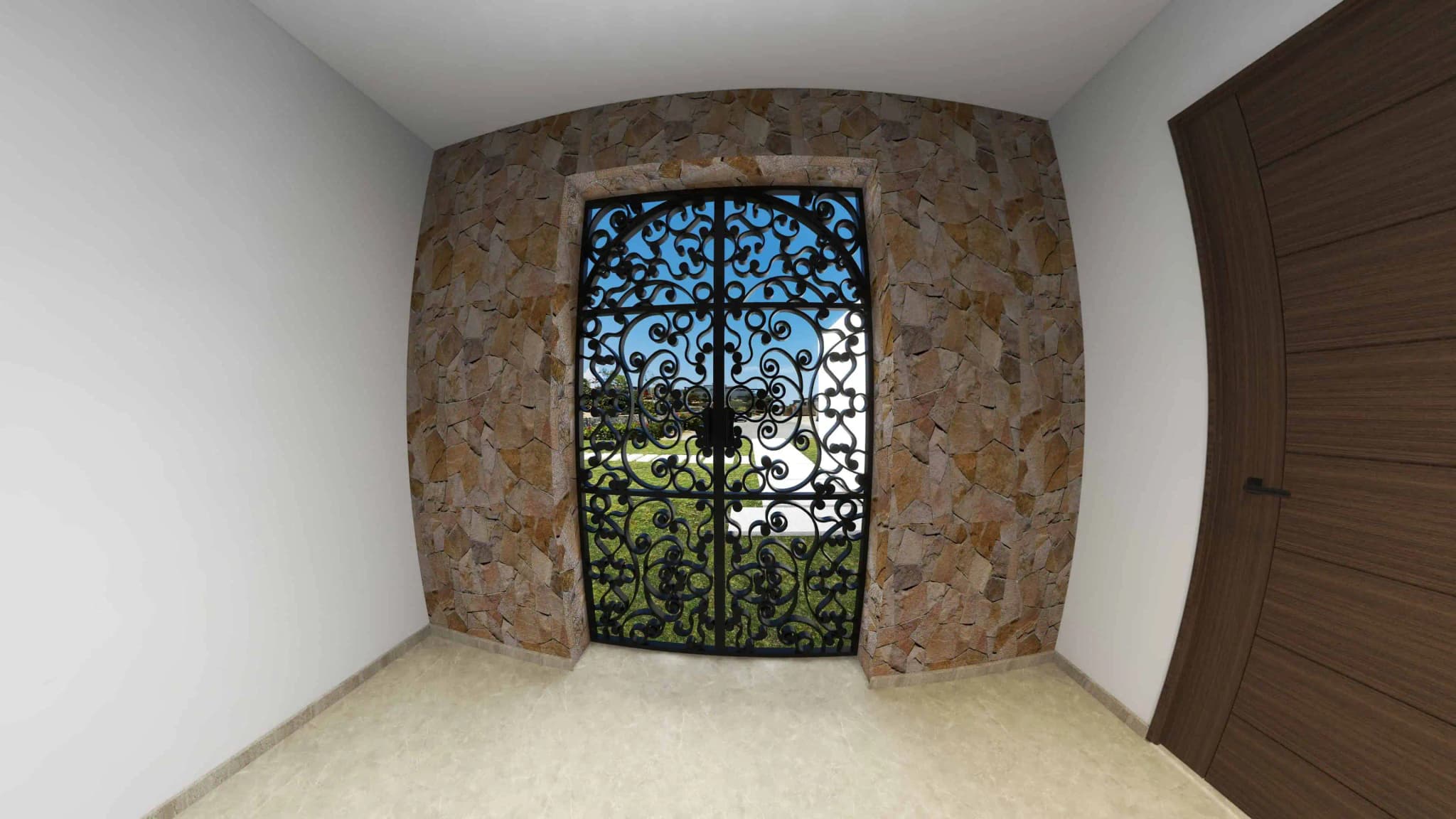 Elegant entrance of the Fontanet model in Coronado development, featuring a wrought iron gate and stone accent walls