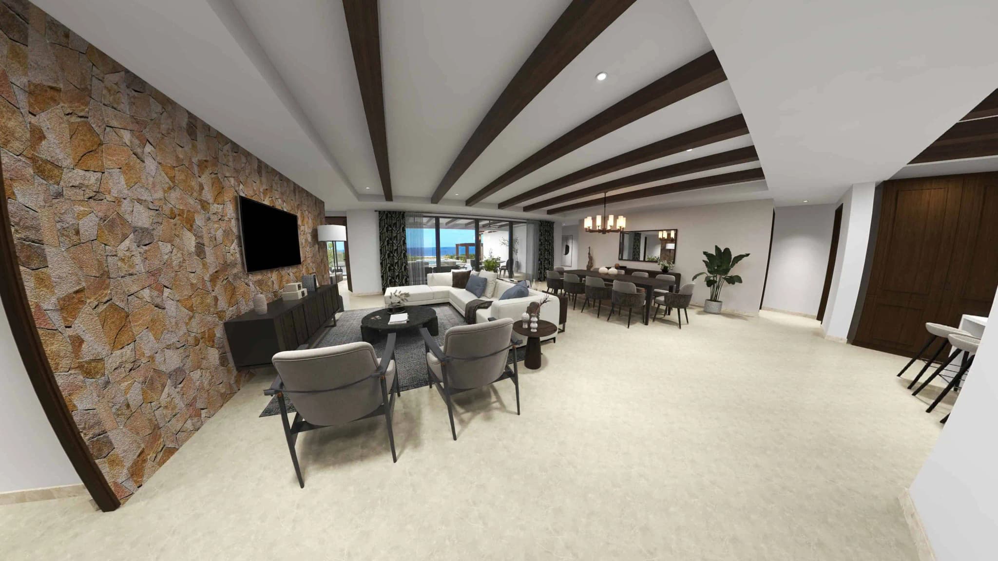 Spacious living and dining area with exposed beams in the Luna model at Coronado development