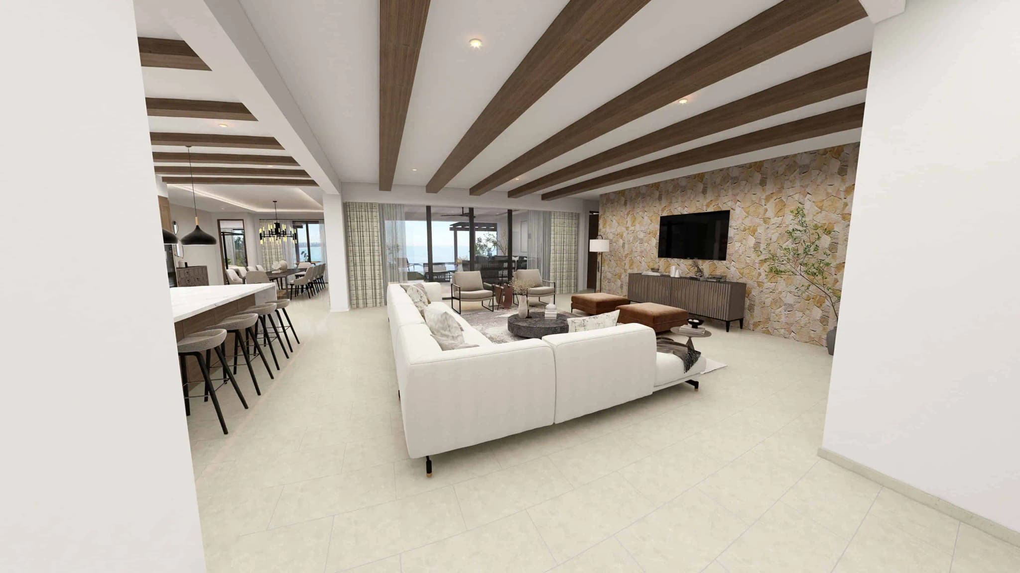 Spacious living area in the Alvar model home, Coronado development, featuring modern furnishings and ocean views