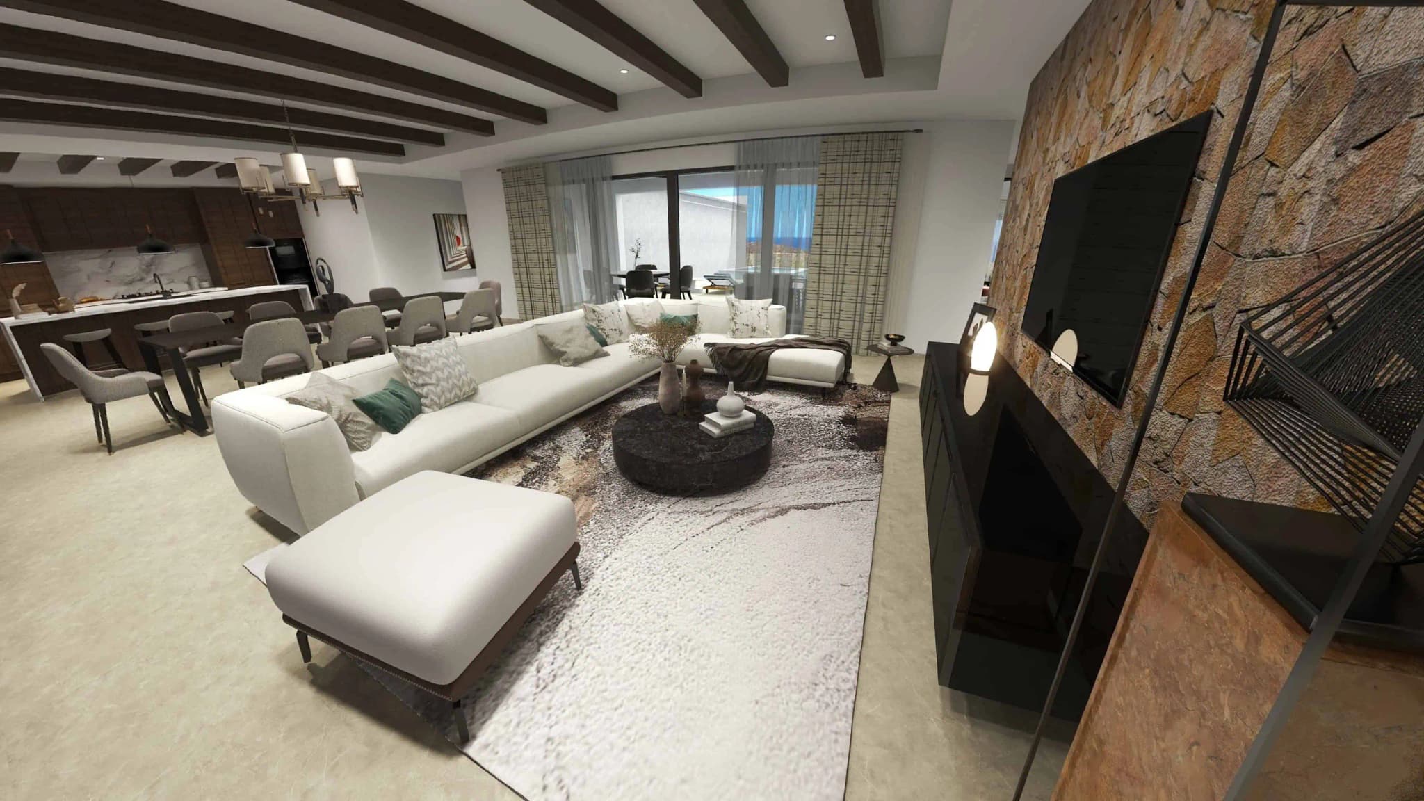 Spacious living room in the Fontanet model, Coronado development, showcasing modern furniture and a stone fireplace