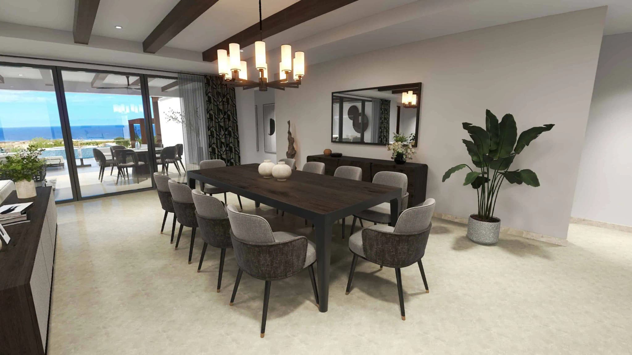 Formal dining room with ocean view in the Luna model at Coronado development