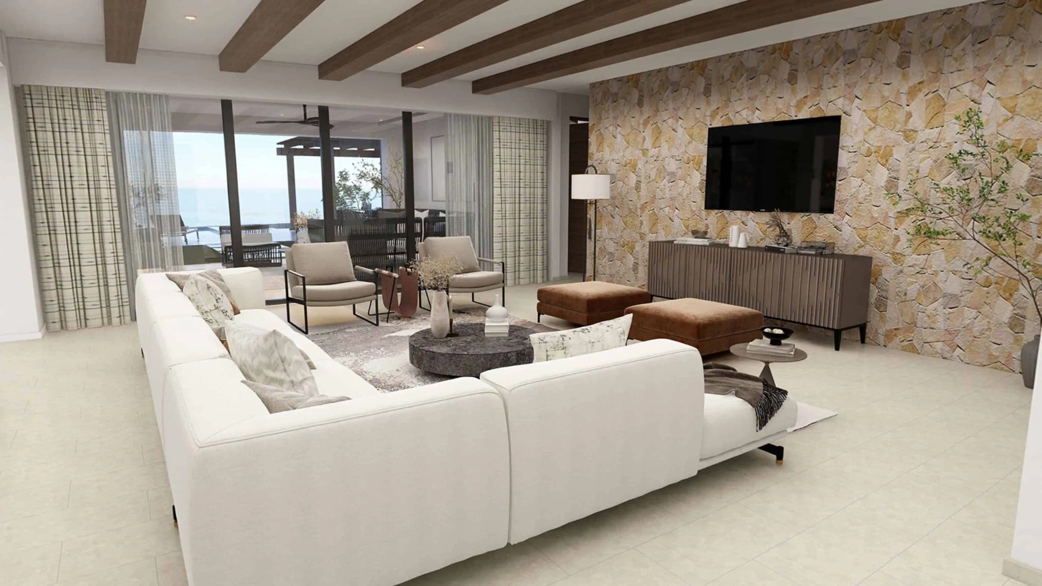 Alternate angle of the living room in the Alvar model home, Coronado, with elegant decor and stone wall accents
