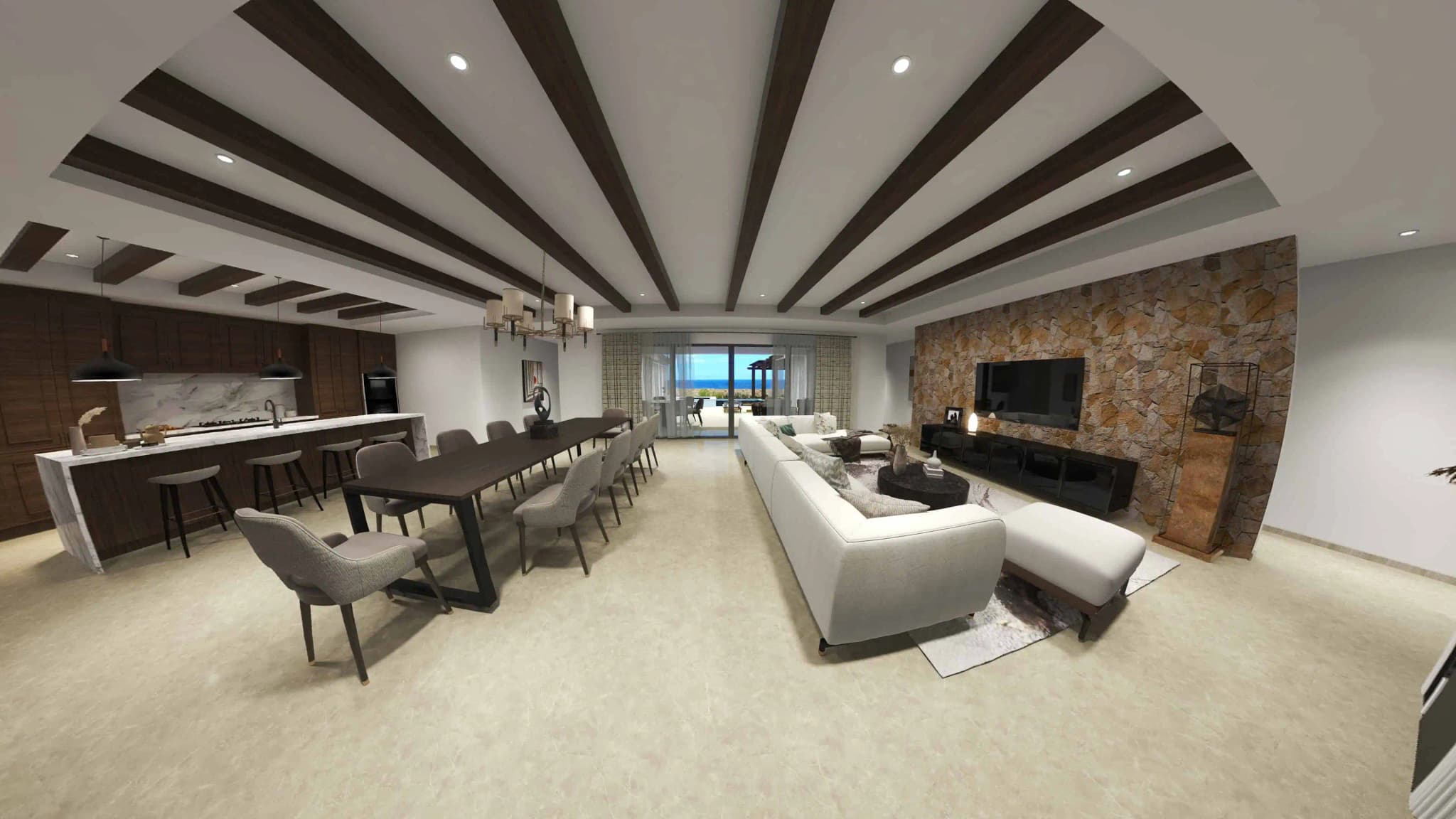 Open-concept dining and living area of the Fontanet model in Coronado development, with a stone-accented wall and stylish decor
