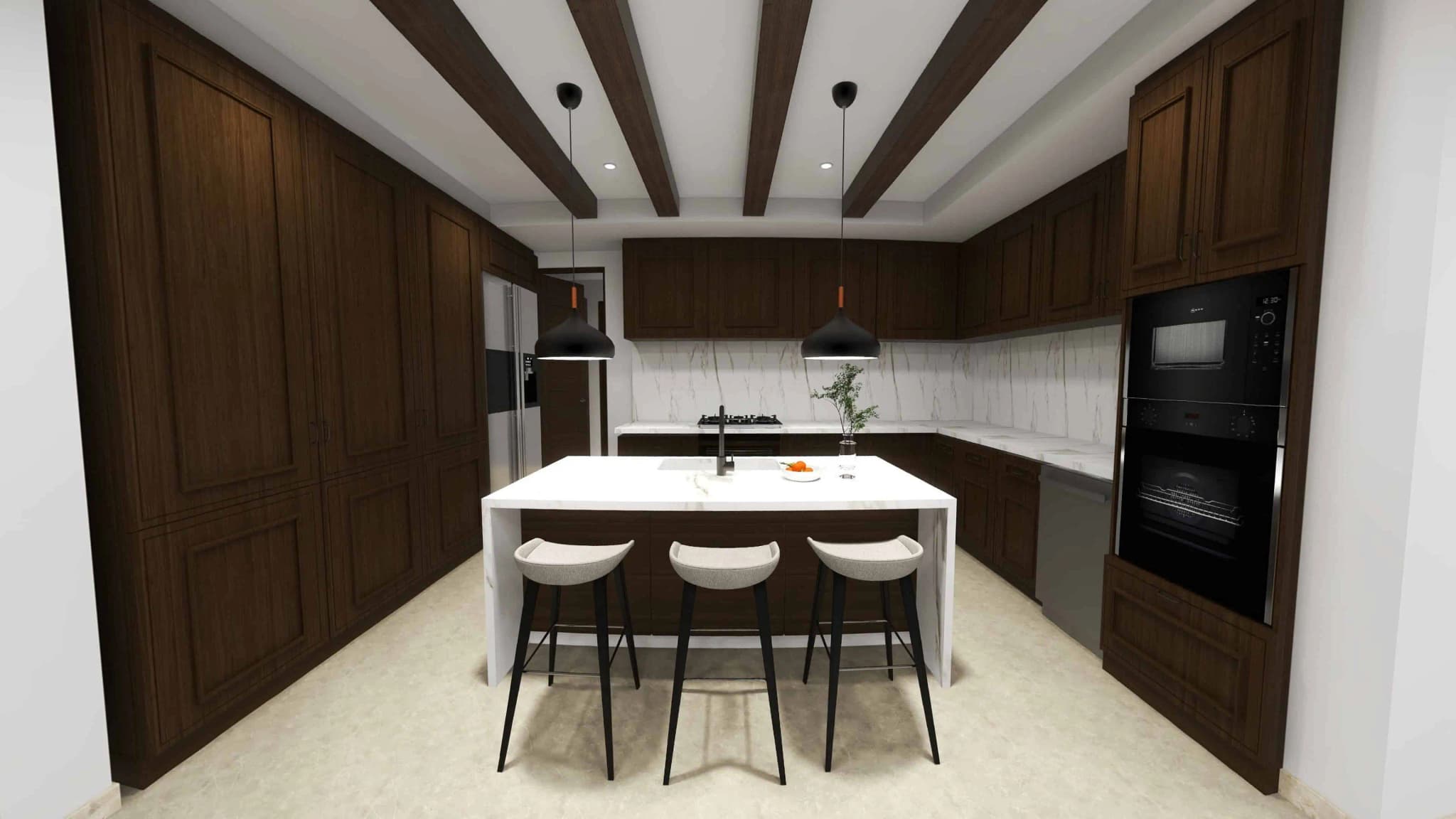 Modern kitchen with island and wooden cabinets in the Luna model at Coronado development