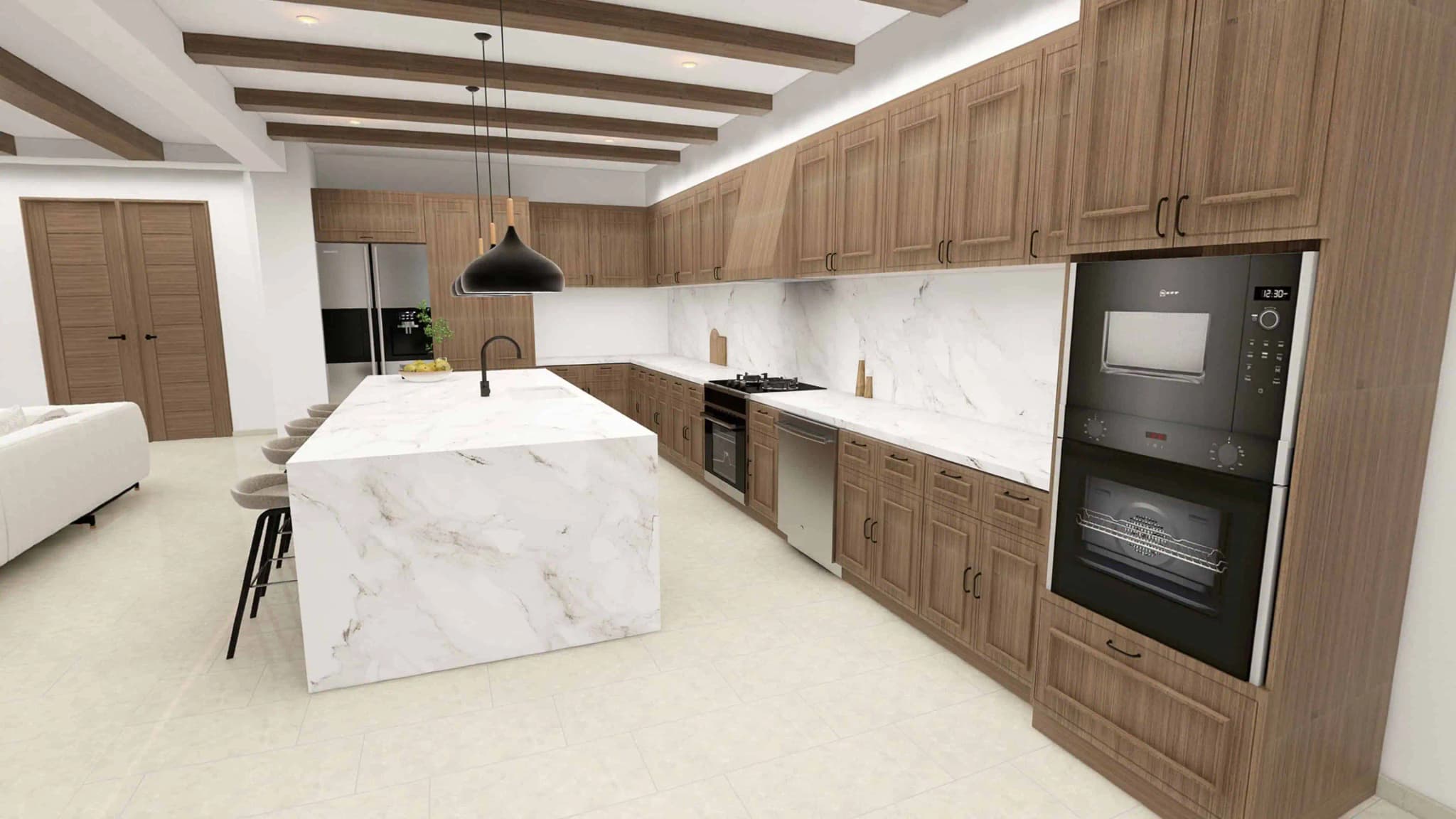 Modern kitchen in the Alvar model home, Coronado, featuring wooden cabinets, a marble island, and pendant lighting