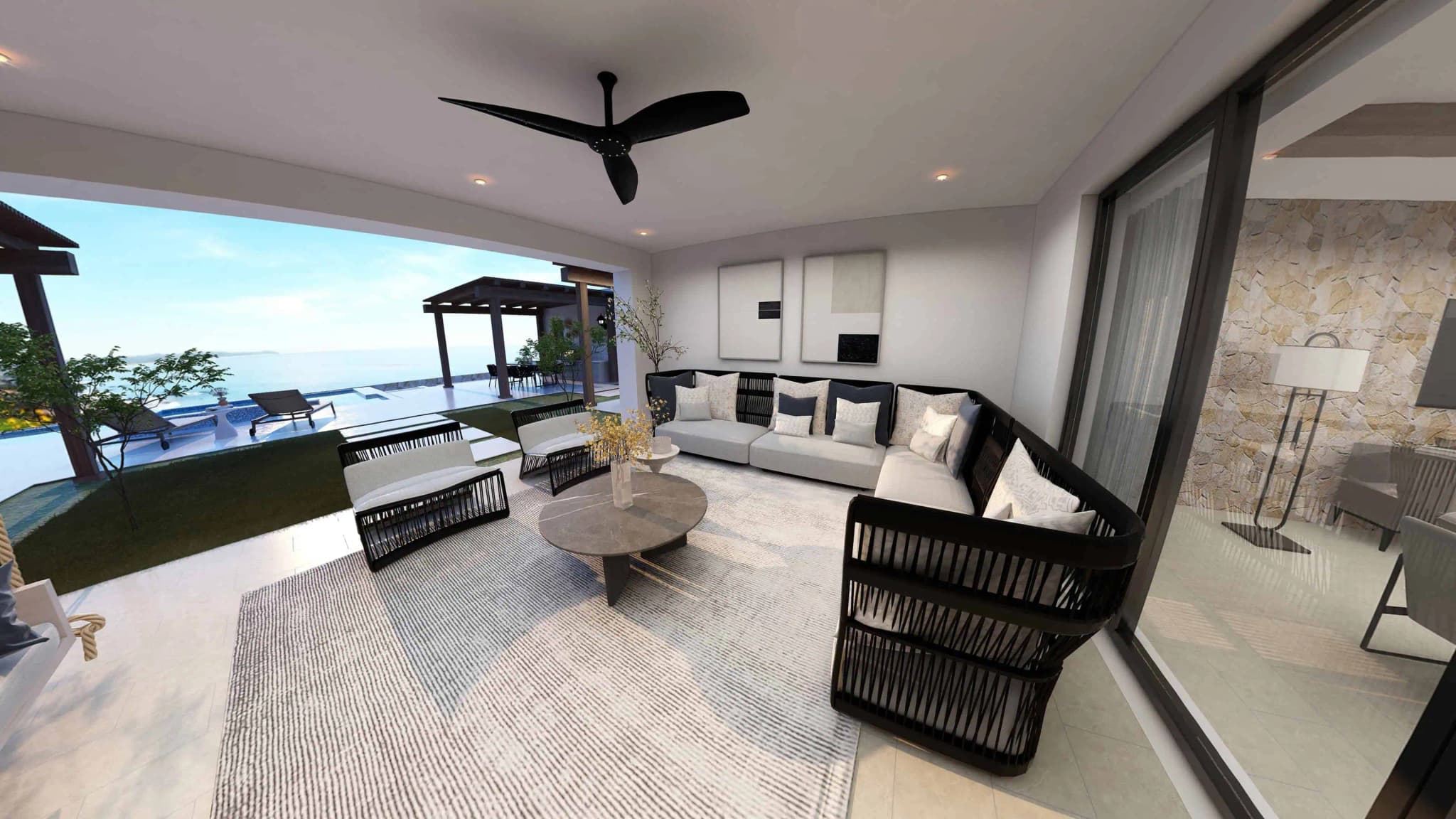 Outdoor terrace in the Alvar model home, Coronado, with ocean views and cozy seating arrangements