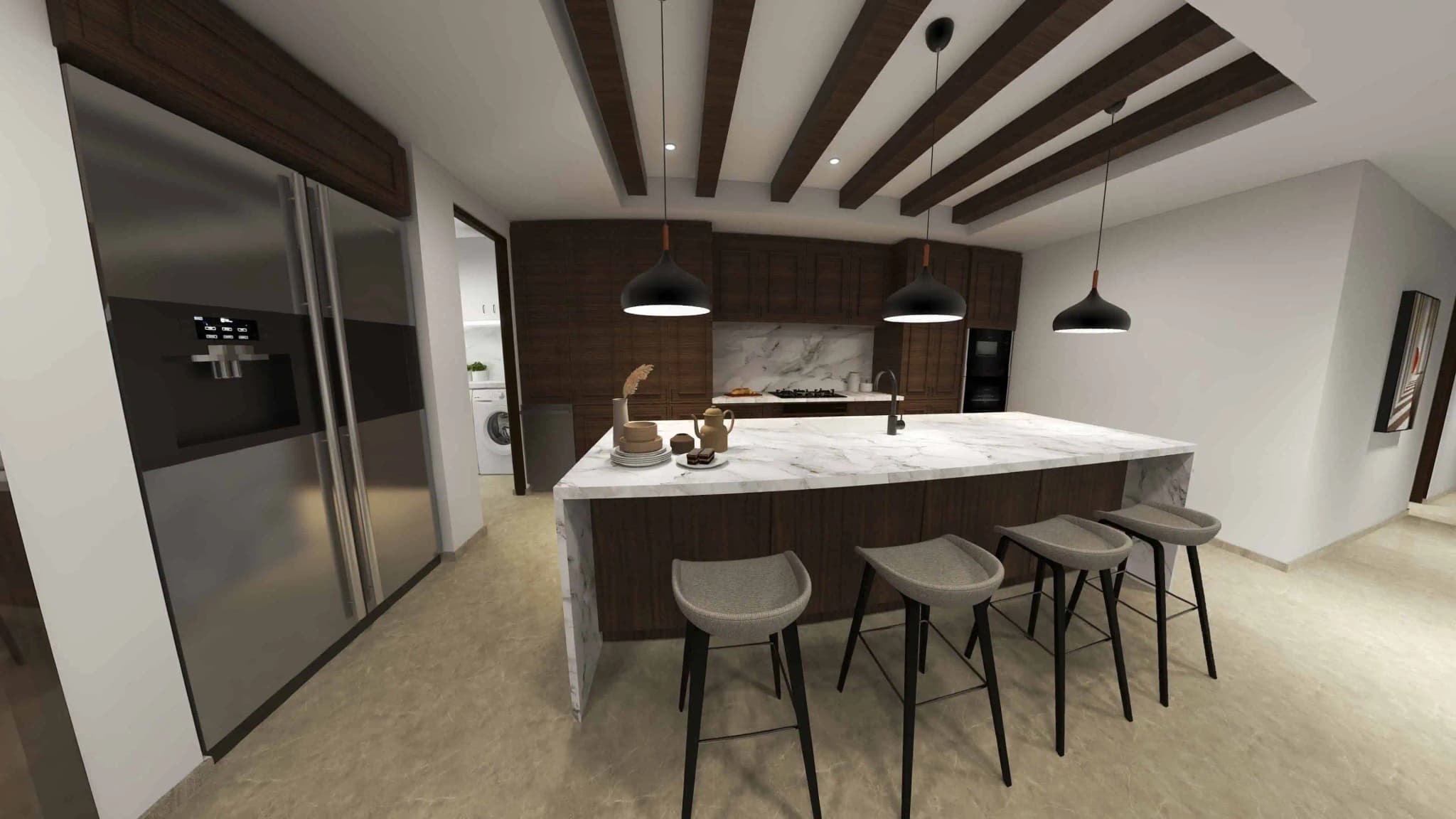 Modern kitchen in the Fontanet model, Coronado development, with a central island and pendant lighting