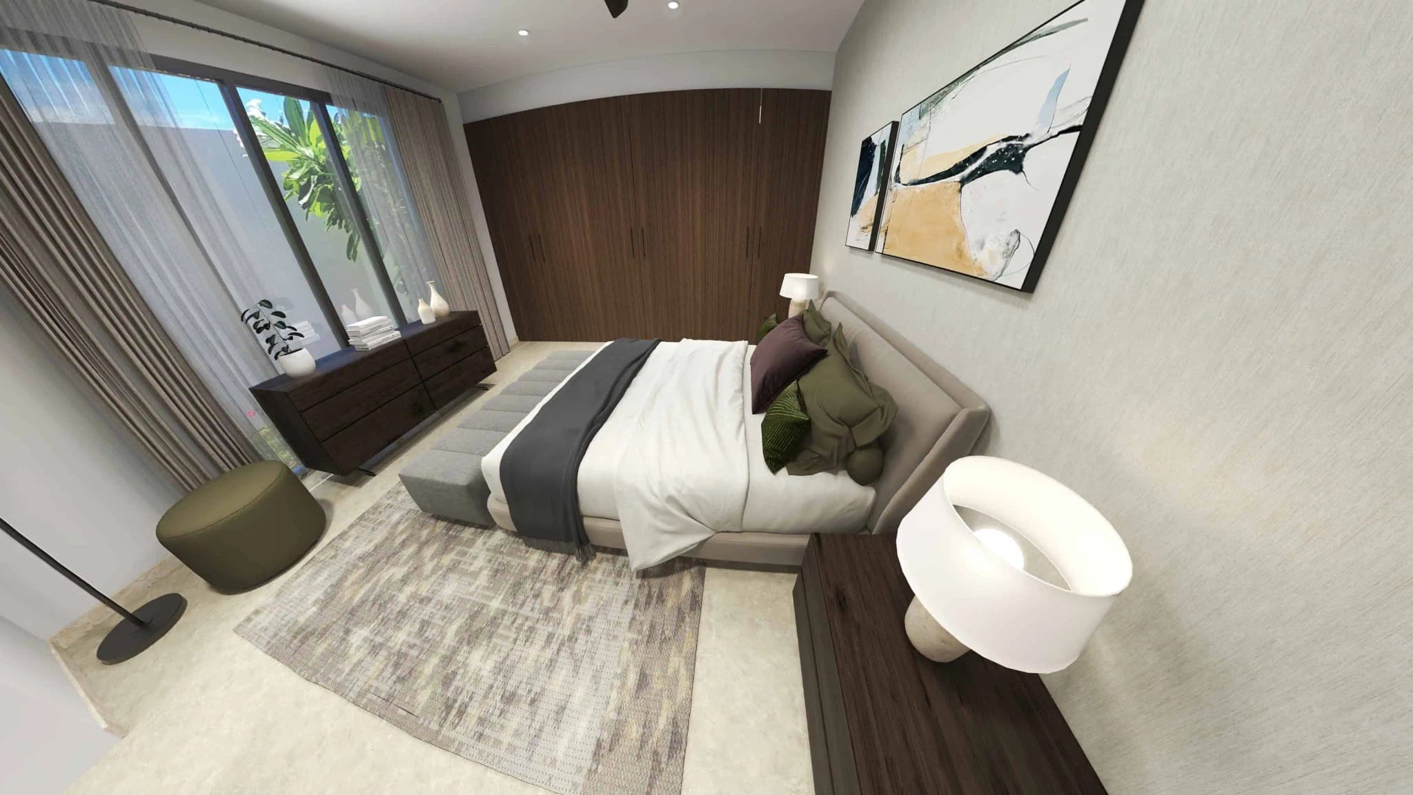 Master bedroom with large window and elegant decor in the Luna model at Coronado development