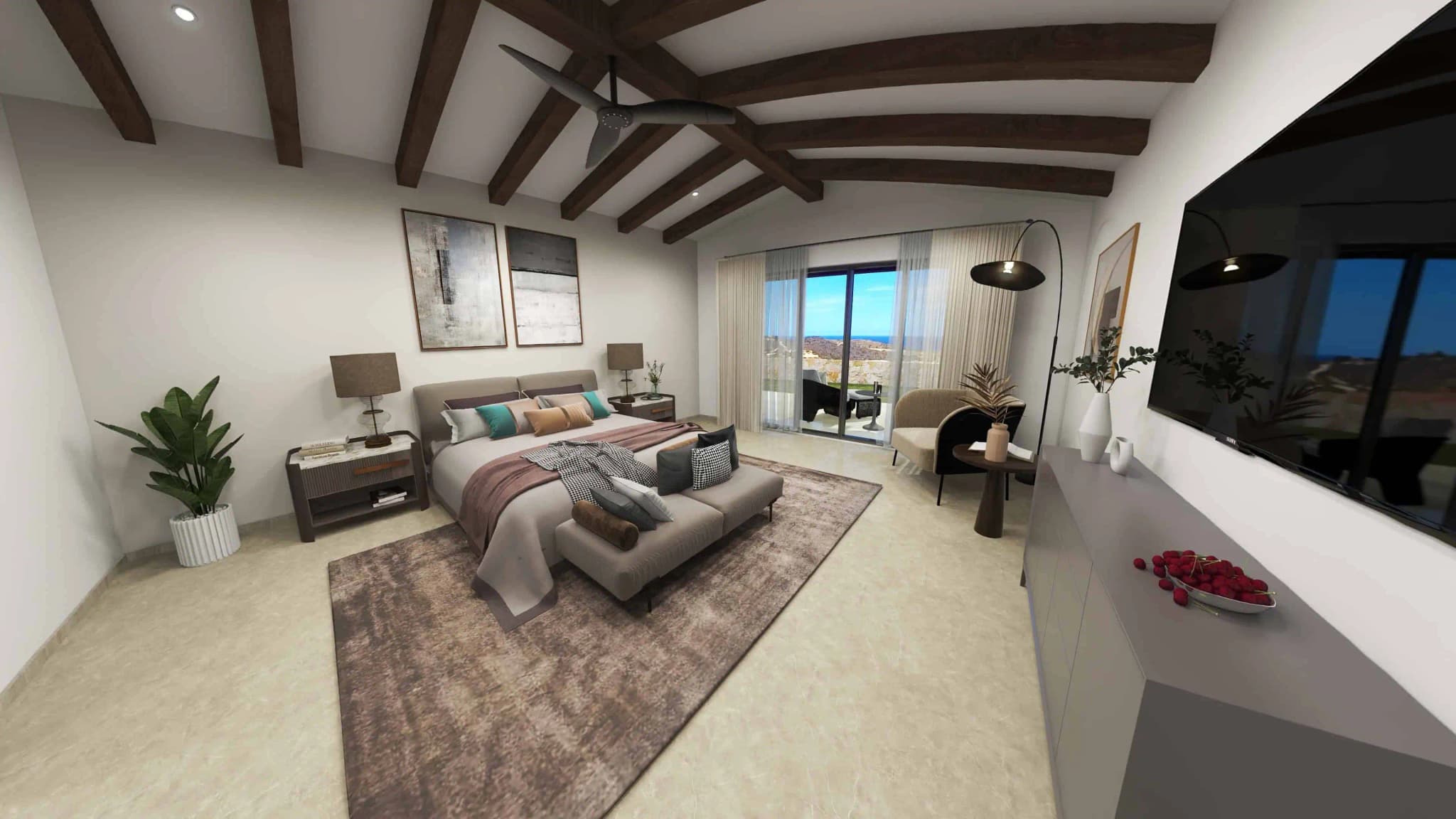 Luxurious master bedroom in the Fontanet model, Coronado development, with exposed wooden beams and balcony access