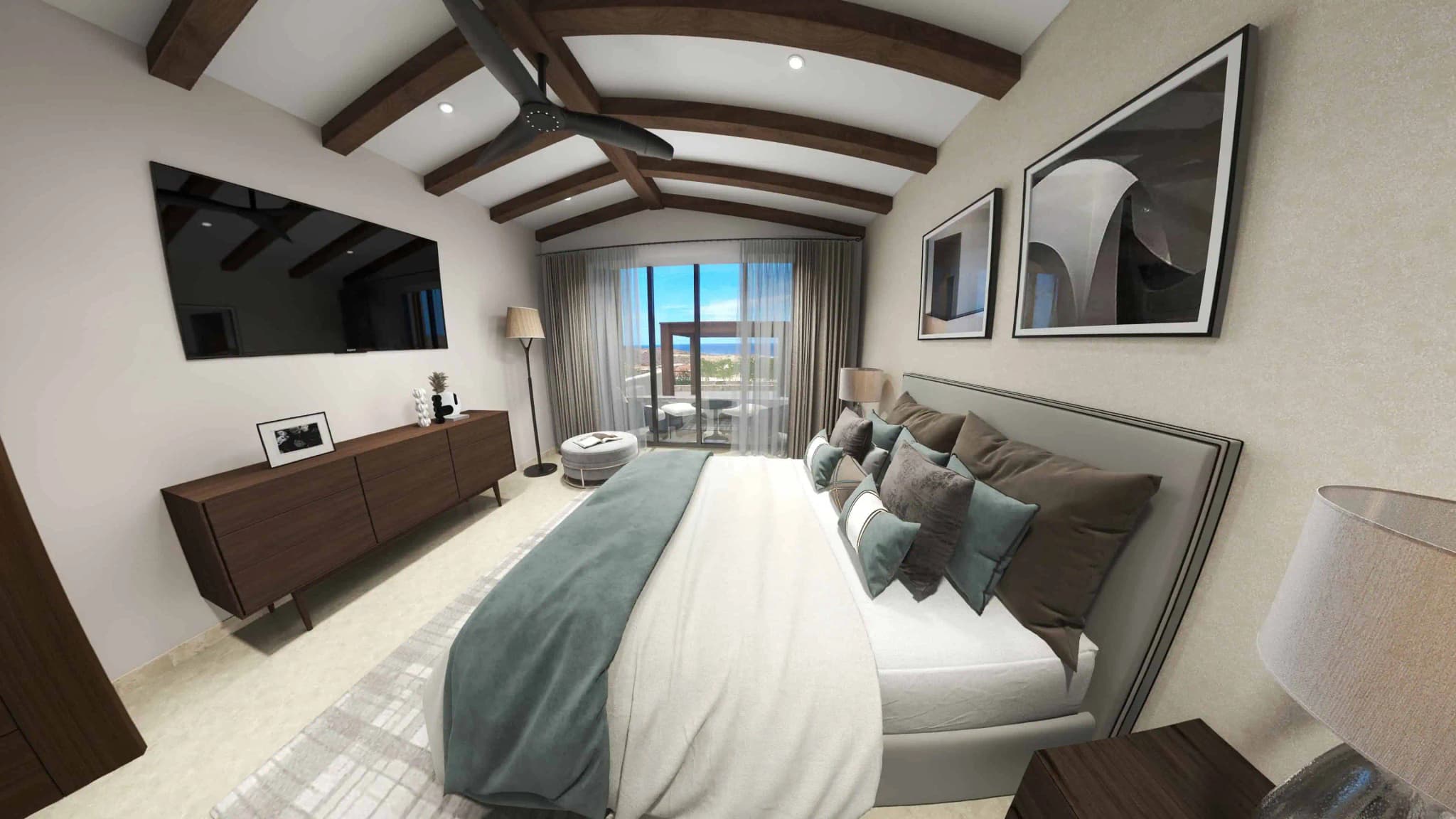 Bedroom with exposed beams and balcony access in the Luna model at Coronado development