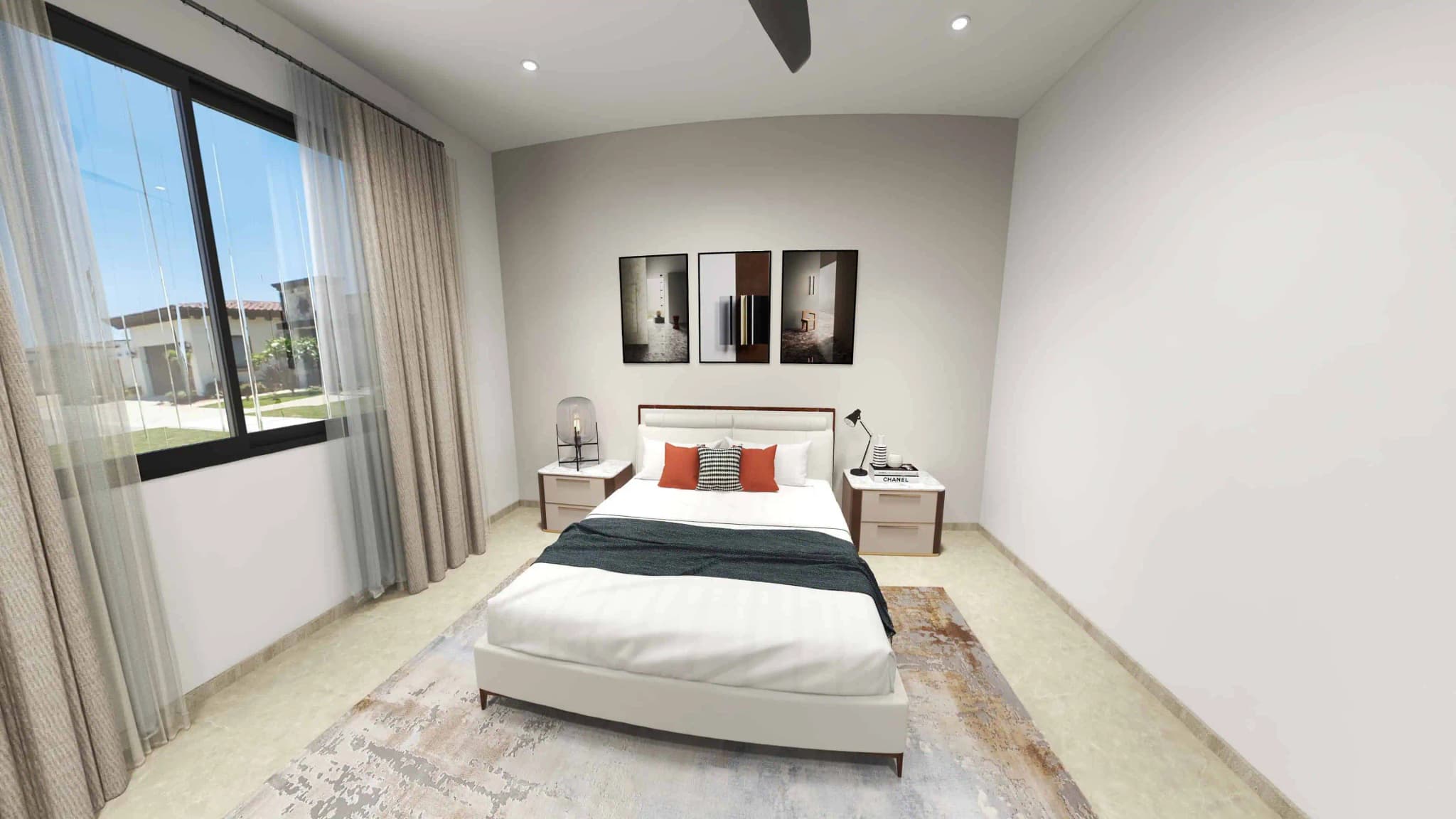 Modern guest bedroom in the Fontanet model, Coronado development, with a large window and stylish decor