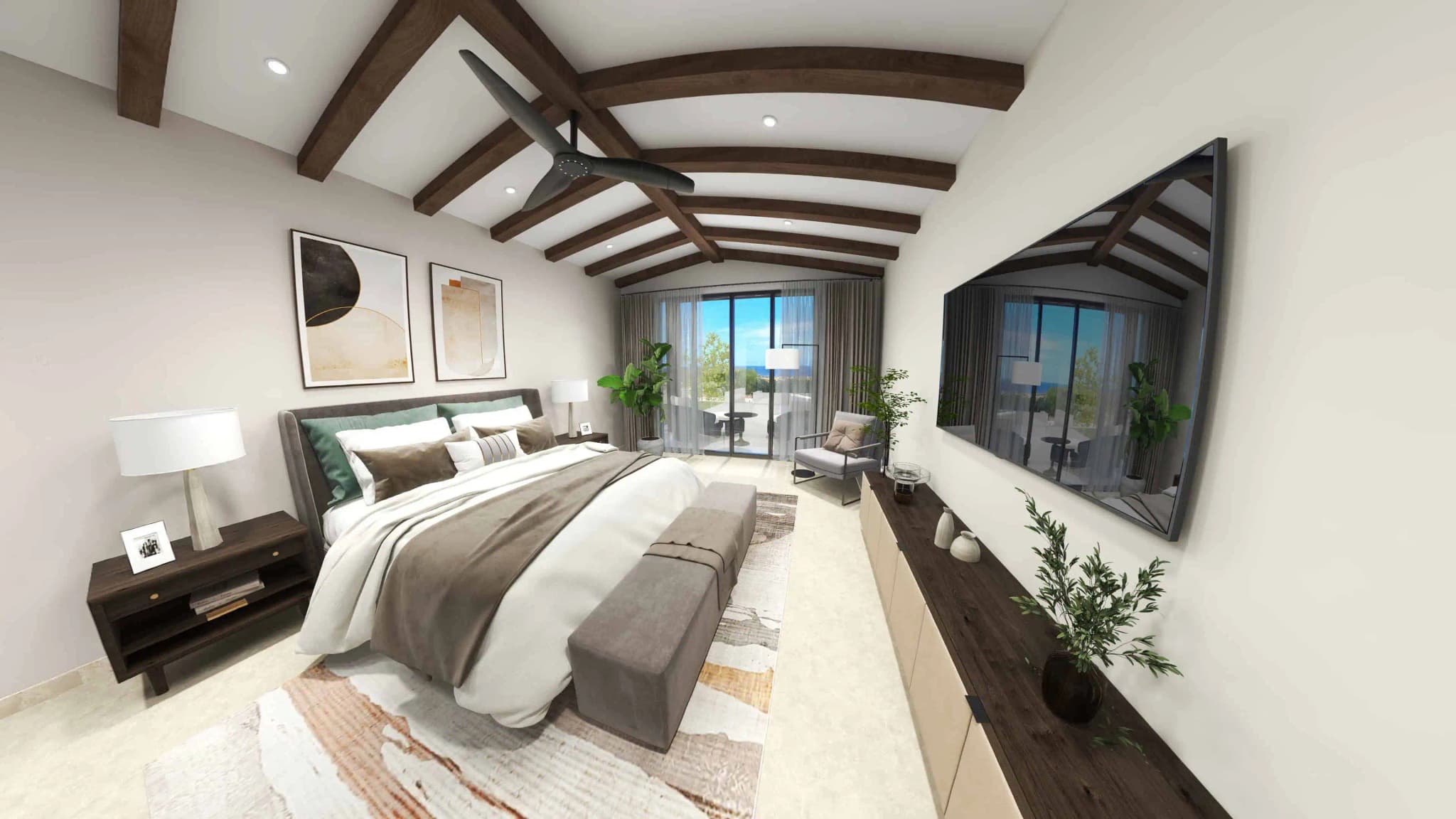 Master bedroom with exposed beams and balcony view in the Luna model at Coronado development