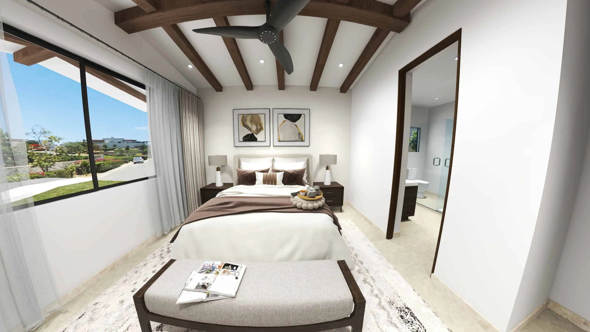 Secondary bedroom with large window and elegant decor in the Luna model at Coronado development