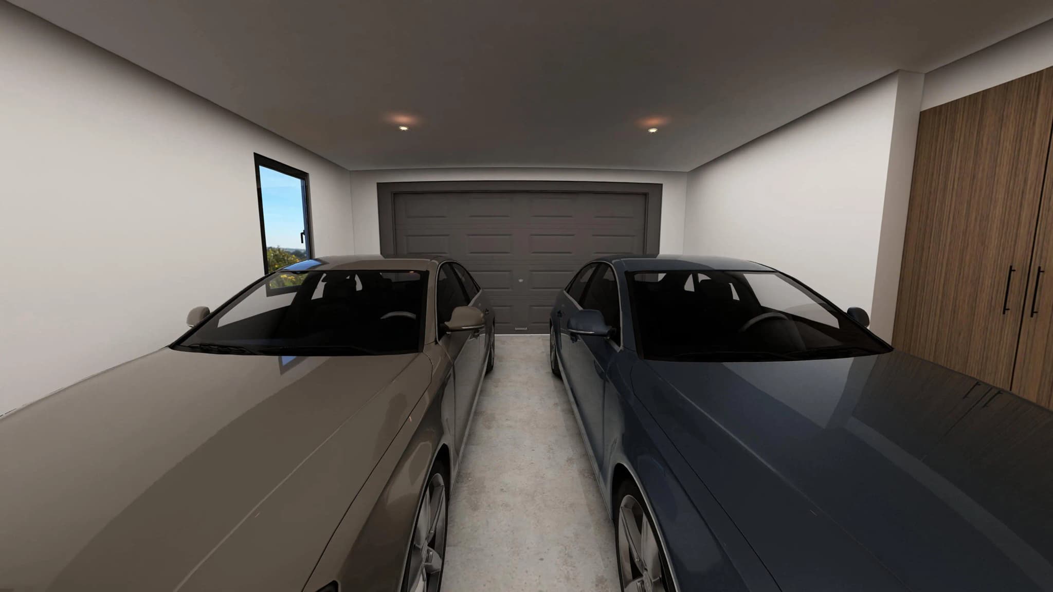 Spacious two-car garage in the Alvar model home, Coronado, providing ample space for vehicles and storage