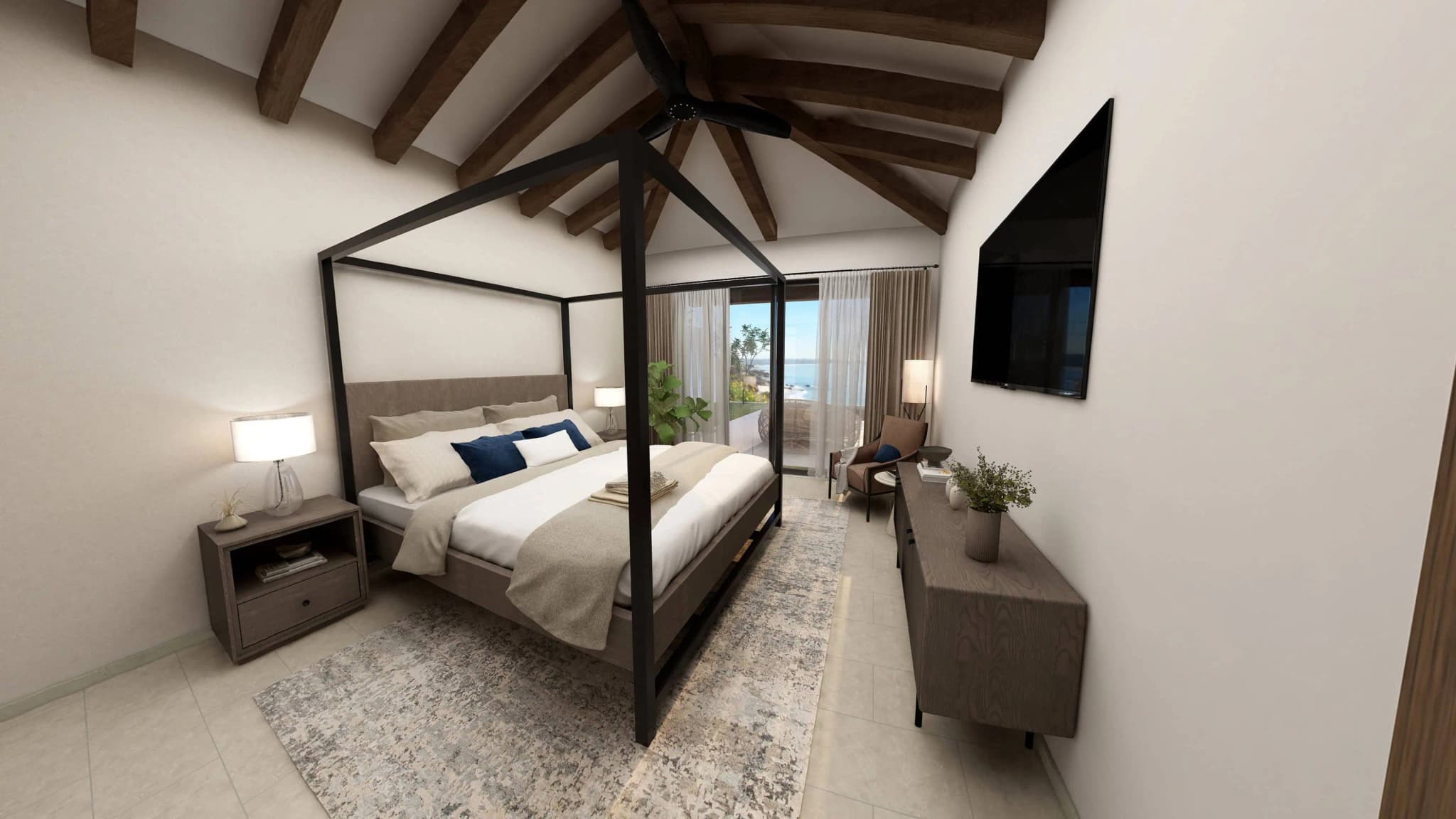 Elegant bedroom in the Alvar model home, Coronado, with a four-poster bed, vaulted ceiling, and access to a private balcony. Elegant bedroom in the Alvar model home, Coronado, with a four-poster bed, vaulted ceiling, and access to a private balcony.