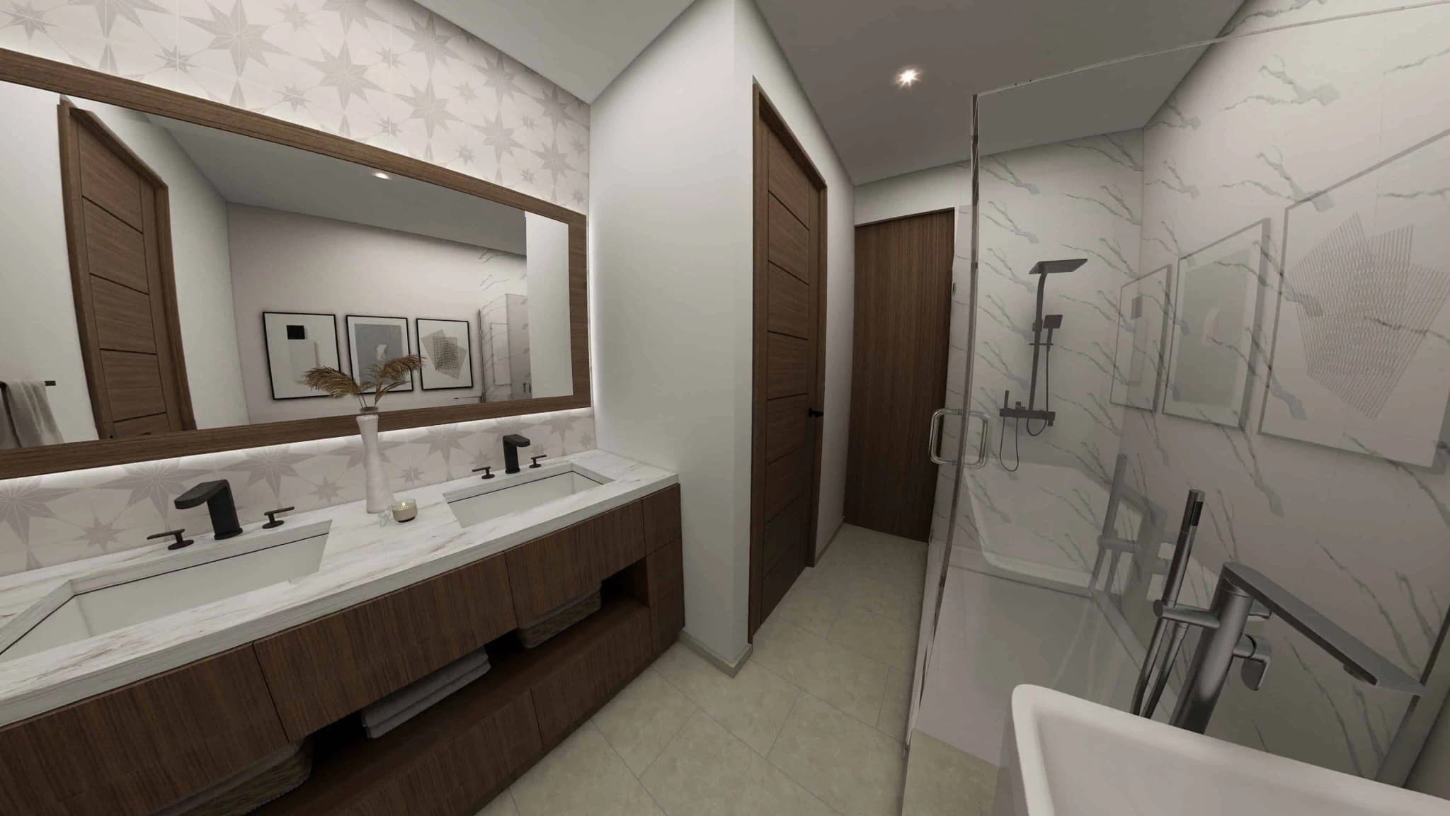 Elegant bathroom in the Alvar model home, Coronado, with a dual vanity, modern finishes, and a spacious shower Elegant bathroom in the Alvar model home, Coronado, with a dual vanity, modern finishes, and a spacious shower