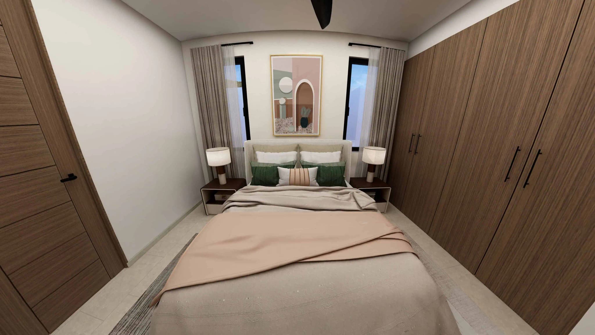 Cozy bedroom in the Alvar model home, Coronado, featuring a built-in wardrobe and warm-toned decor Cozy bedroom in the Alvar model home, Coronado, featuring a built-in wardrobe and warm-toned decor