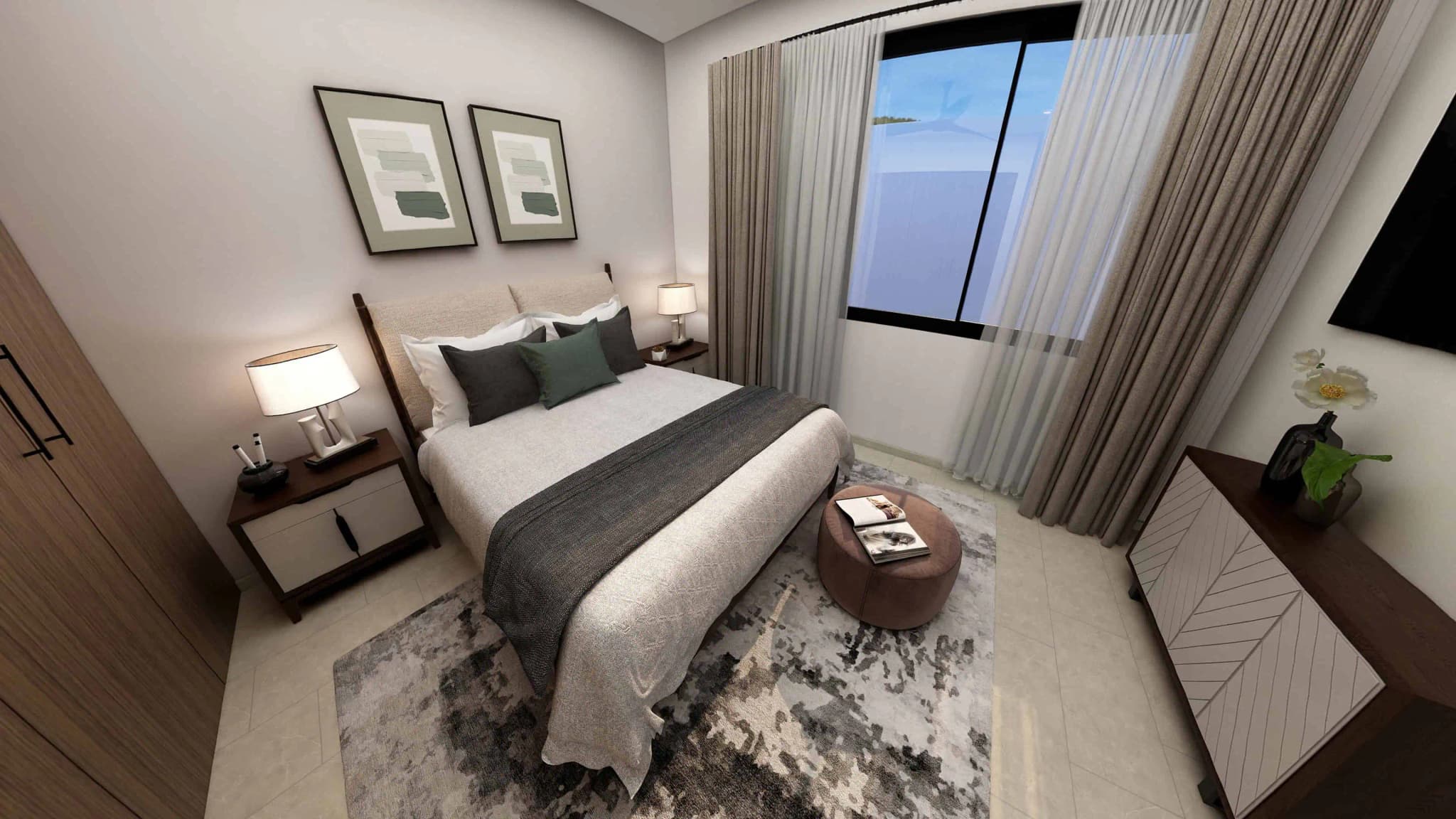 Sophisticated bedroom in the Alvar model home, Coronado, featuring neutral tones and natural light from a large window Sophisticated bedroom in the Alvar model home, Coronado, featuring neutral tones and natural light from a large window