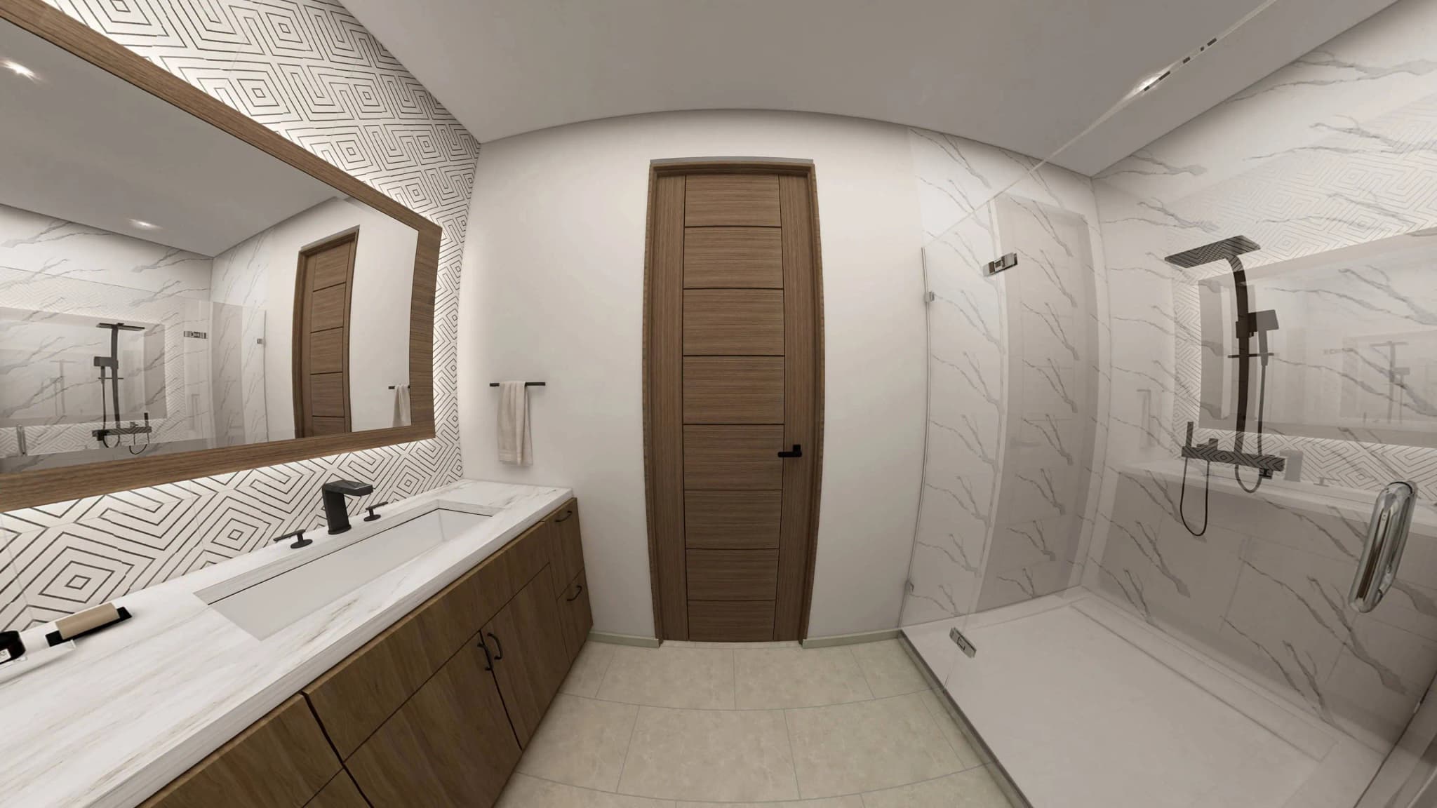 Modern bathroom in the Alvar model home, Coronado, with geometric tiles, a sleek vanity, and a spacious shower. Modern bathroom in the Alvar model home, Coronado, with geometric tiles, a sleek vanity, and a spacious shower.