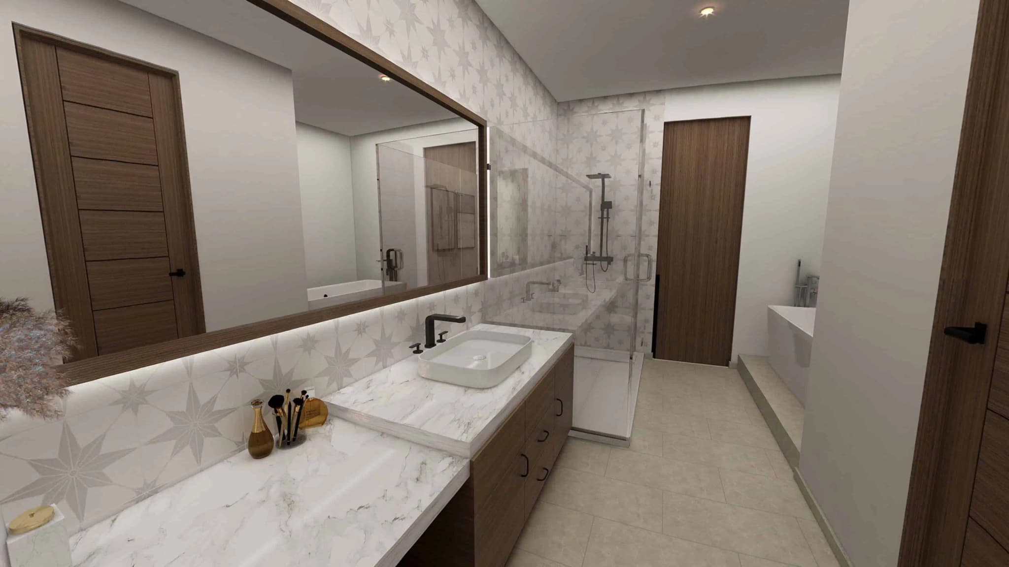 Modern bathroom in the Alvar model home, Coronado, featuring dual sinks, a spacious mirror, and elegant marble countertops Modern bathroom in the Alvar model home, Coronado, featuring dual sinks, a spacious mirror, and elegant marble countertops