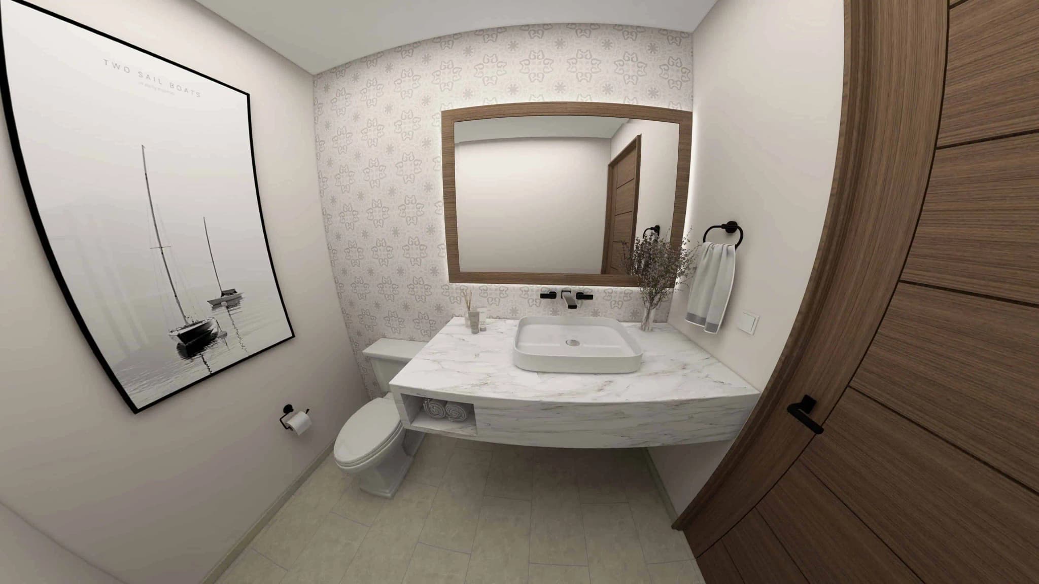 Compact guest bathroom in the Alvar model home, Coronado, with stylish decor and a minimalist vanity design Compact guest bathroom in the Alvar model home, Coronado, with stylish decor and a minimalist vanity design